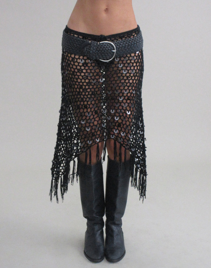 Black Crochet Knit Fringe Midi Skirt | Maritza – motelrocks-com-us