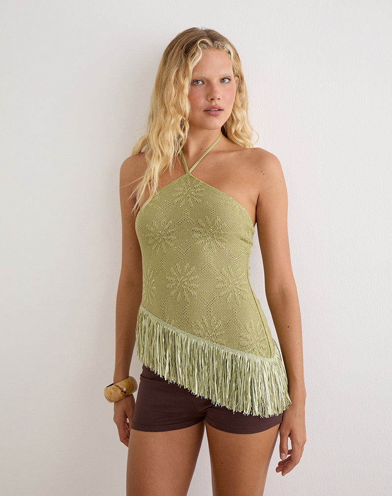 Green Knit Sequin Halter Neck Top with Fringe Hem | Masina