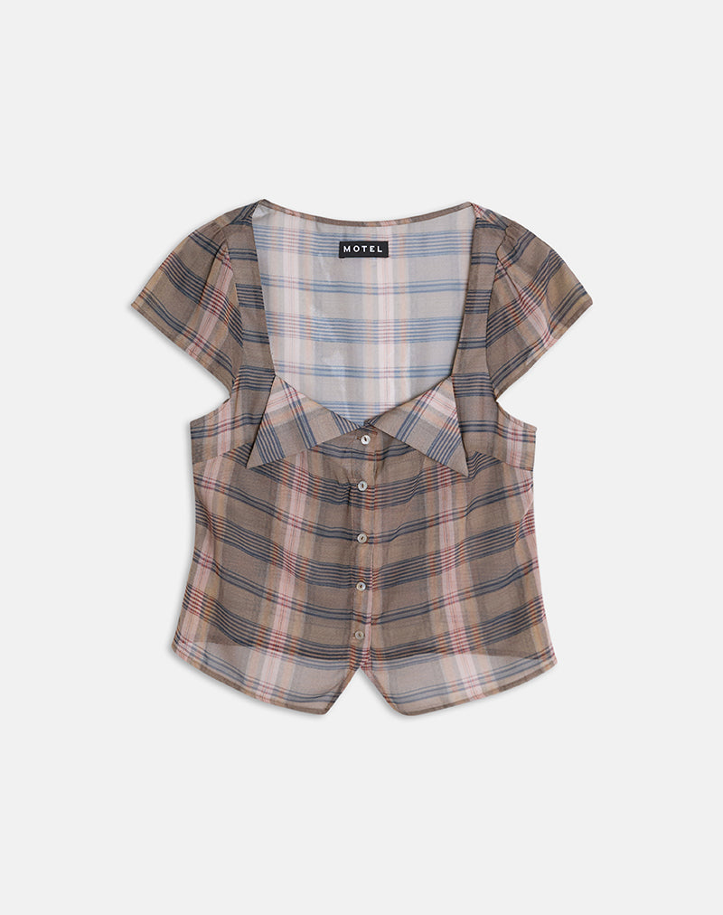 Brown and Pink Blurry Check Blouse Top | Meraki – motelrocks-com-us