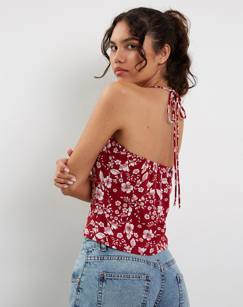 Red Berry Floral Print Twist Front Top | Metra – motelrocks