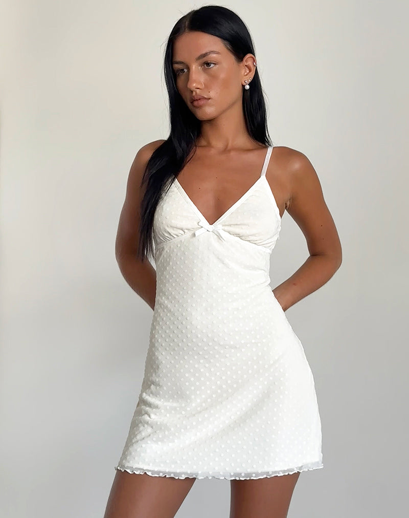 Mevila Cami Mini Dress in Ivory Polka Flock , V Neck , Zip Up Mevila Cami Mini Dress in Ivory Polka Flock , V Neck , Zip Up