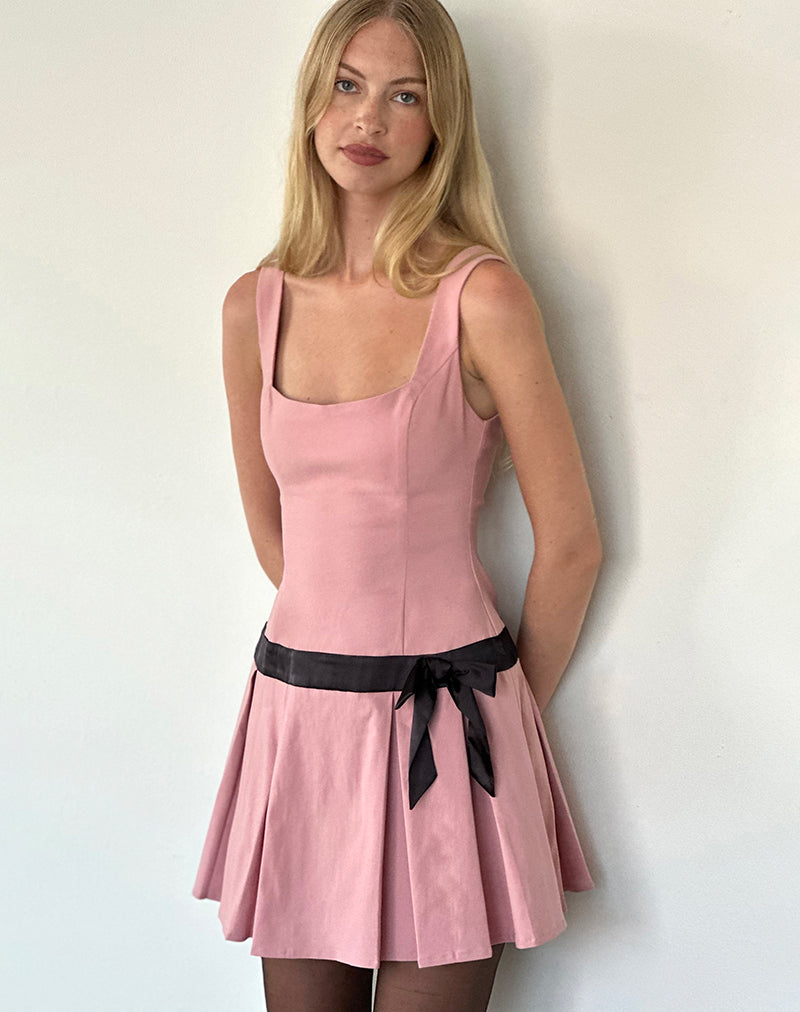 Michelia Mini Dress in Pink with Black Bow motelrocks-com-us Michelia Mini Dress in Pink with Black Bow motelrocks-com-us