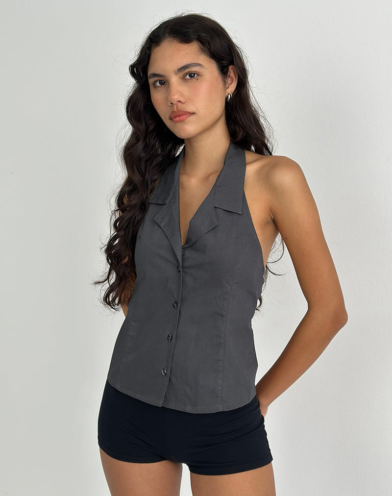 Image of Mikanu Button Down Halterneck Blouse in Charcoal Grey