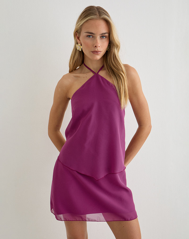 Women's Milaya Mini Dress in Chiffon Berry, S , Halter Neck , Strappy