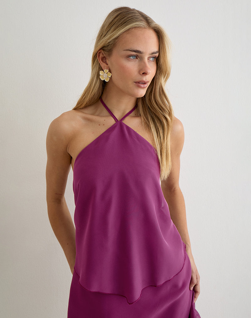 Milaya Mini Dress in Chiffon Berry , Halter Neck , Strappy