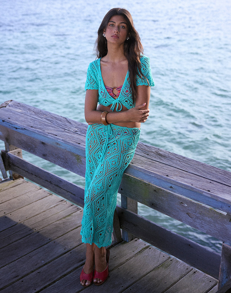 aqua crochet midi dress Diora Midi Skirt in Crochet Knit Aqua Sky , Sheer