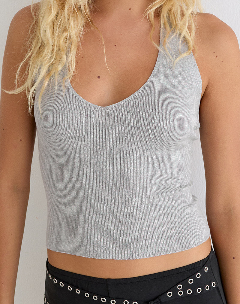 Silver Lurex Ribbed Knit Halterneck Top | Mirelda – motelrocks-com-us