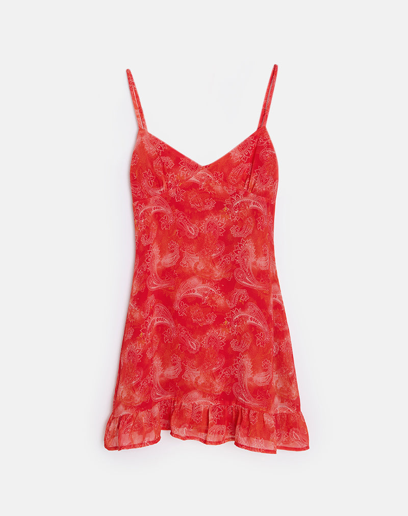 paisley chiffon dress Mireya Mini Dress in Paisley Chiffon Red , V Neck , Zip Up