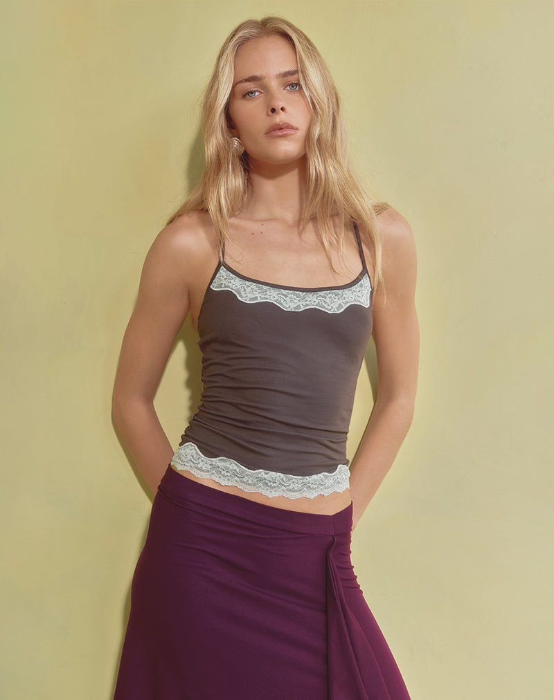 Dark Brown Cami Top with Blue Lace Trim | Mishti – motelrocks-com-us