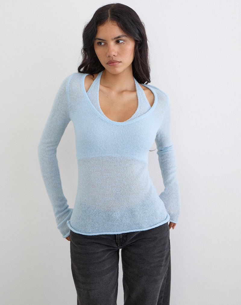 トップス Sorin S Motif Sheer U Neck Top Blue Sheer Knit Long Sleeve Top | Misora – motelrocks-com-us