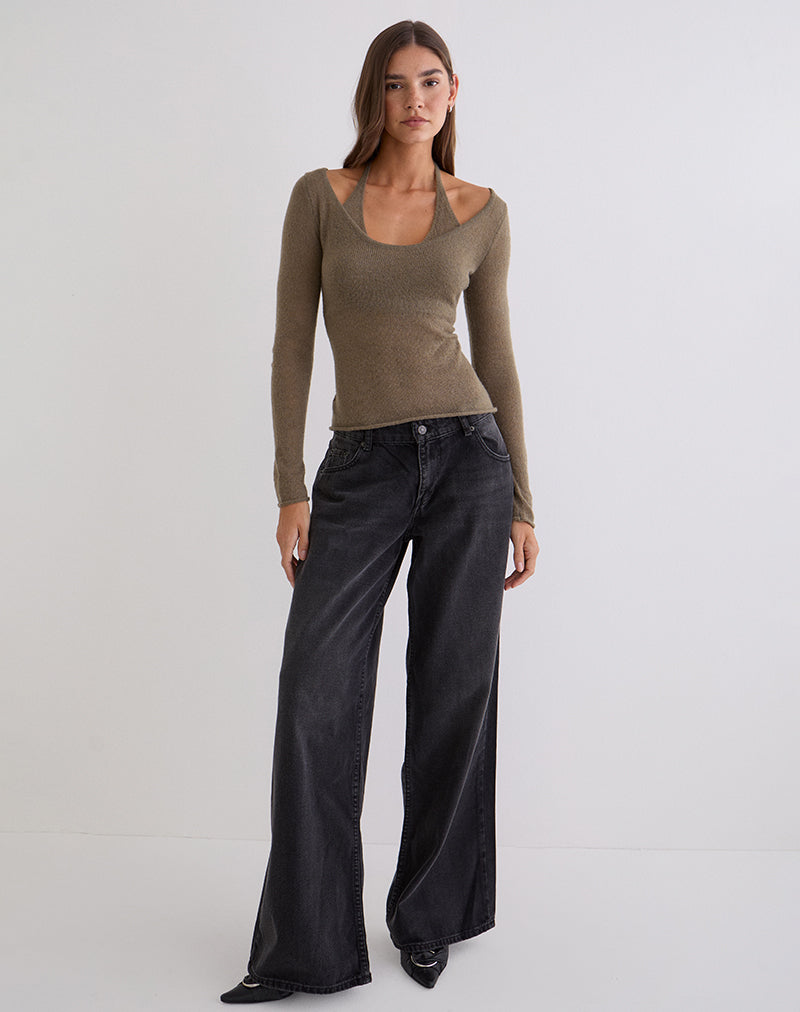 Taupe Brown Long Sleeve Scoop Halterneck Top | Misora – motelrocks