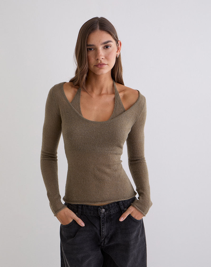 Taupe Brown Long Sleeve Scoop Halterneck Top | Misora – motelrocks