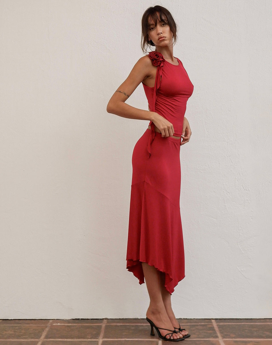 Red Low Rise Midi Skirt
