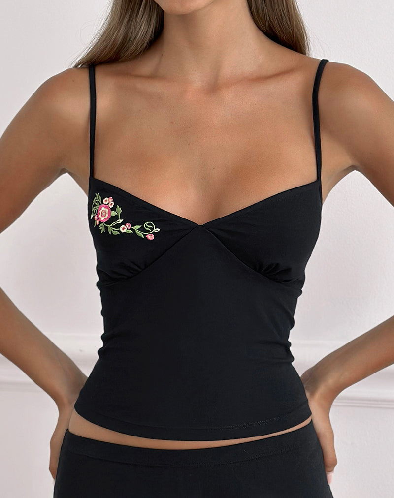 Black Cami Top with Swirly Floral Embroidery | Morty – motelrocks