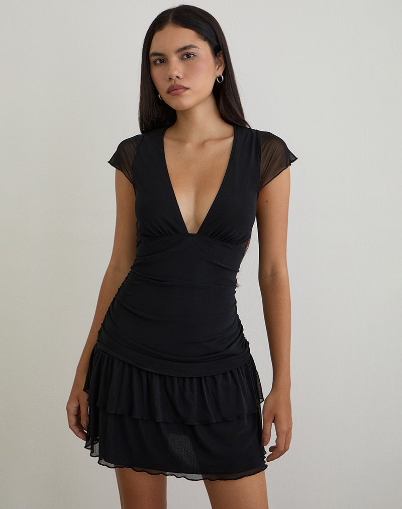black mini dress with cap sleeves Mowgli Cap Sleeve Mini Dress in Black , V Neck