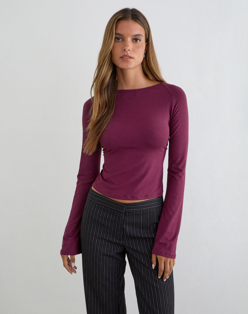 Deep Purple Ribbed Long Sleeve Backless Top | Muzan – motelrocks