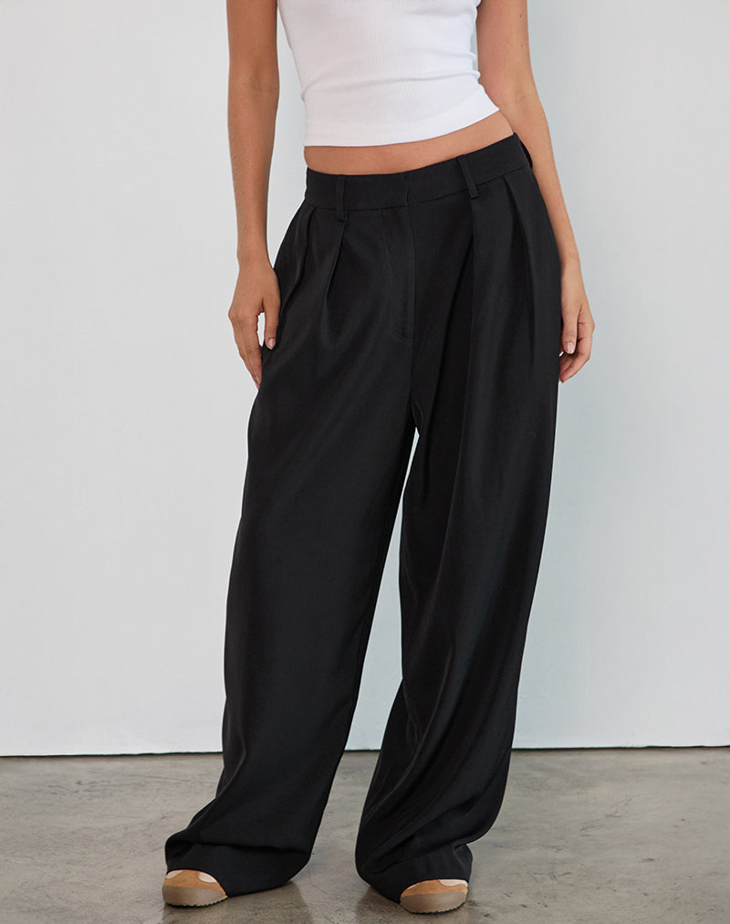 Black Low Rise Tailored Trousers with Pleats | Nala – motelrocks