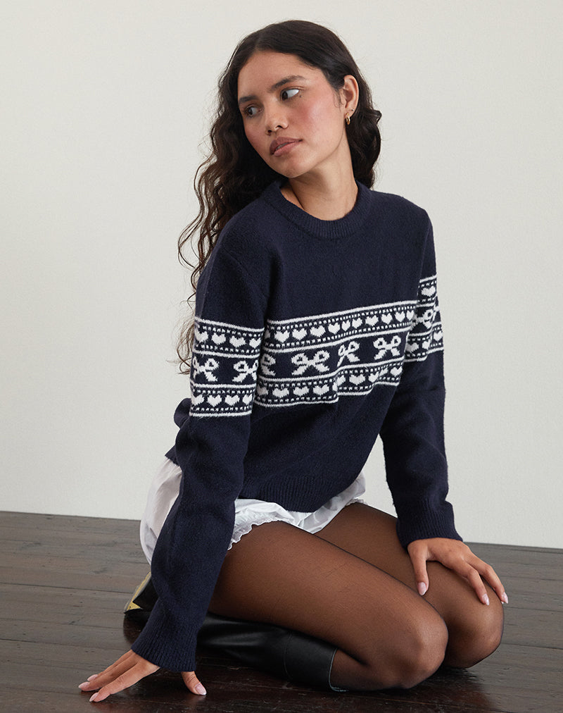 Peacoat Blue with Fairisle Bow Knitted Jumper Namirta motelrocks com us