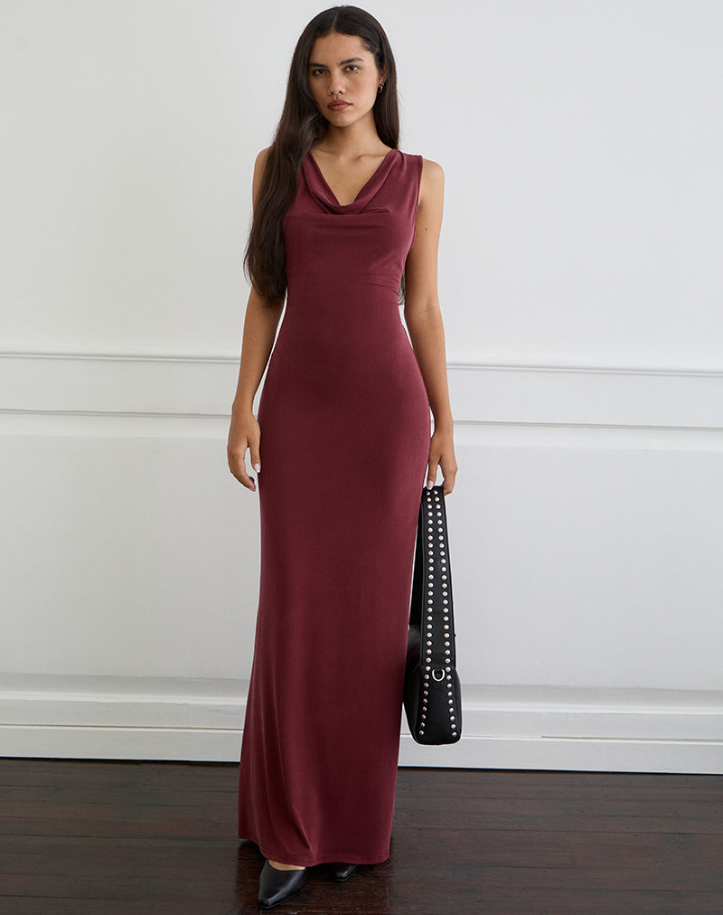 Burgundy Cupro Maxi Cowl Neck Dress | Namra motelrocks-com-us Burgundy Cupro Maxi Cowl Neck Dress | Namra motelrocks-com-us