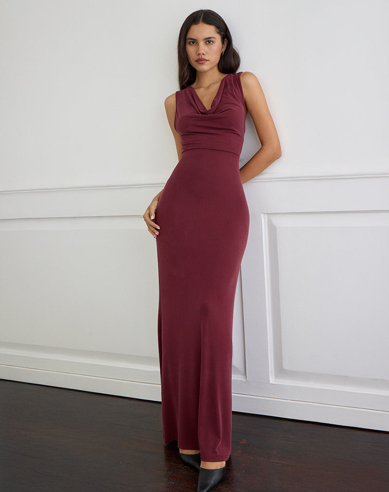 Namra Cowl Neck Maxi Dress in Cupro Burgundy Namra Cowl Neck Maxi Dress in Cupro Burgundy