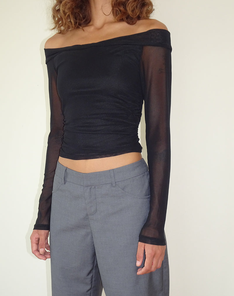 Nauri Long Sleeve Bardot Top in Mesh Black