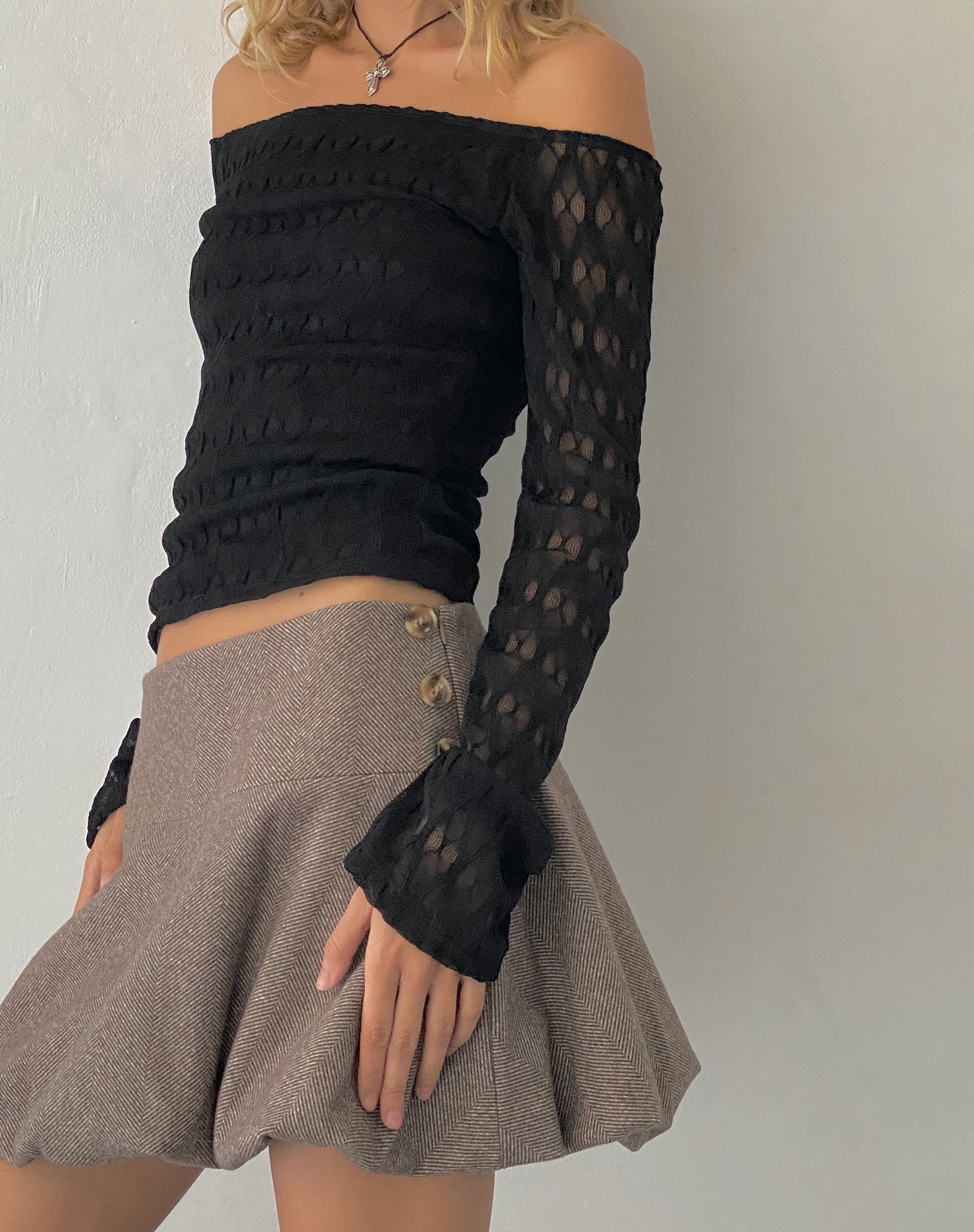 Image of Neira Long Sleeve Bardot Top in Textured Knit Black