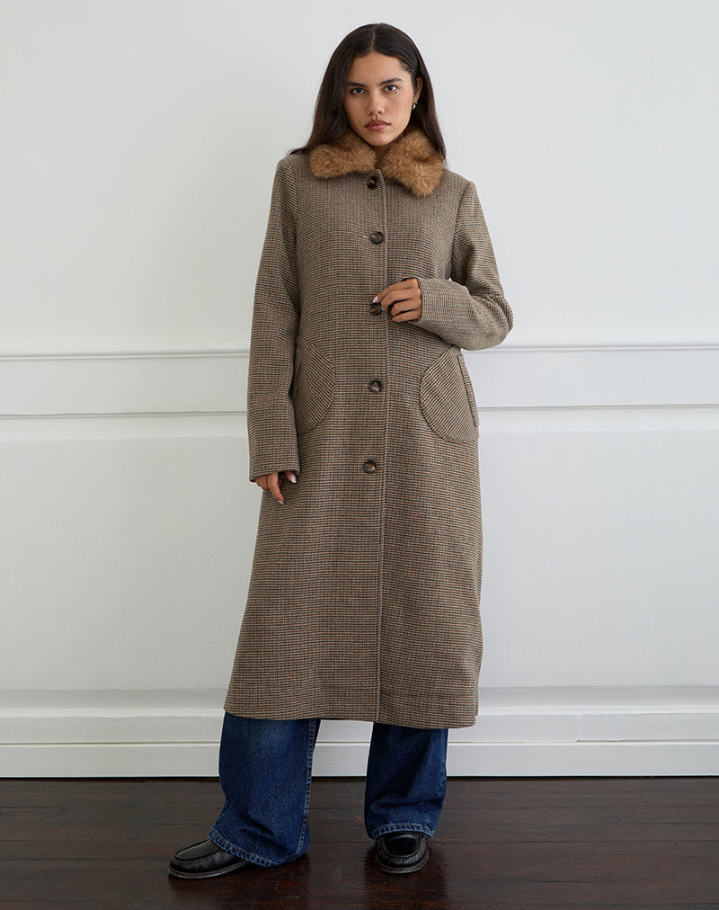 Brown Check with Fur Collar Longline Coat | Norciel – motelrocks