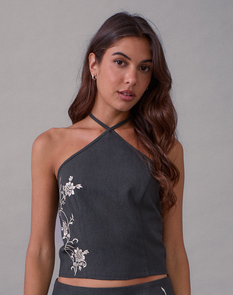 Charcoal Grey Vine Flower Embroidered Halterneck Top | Novin