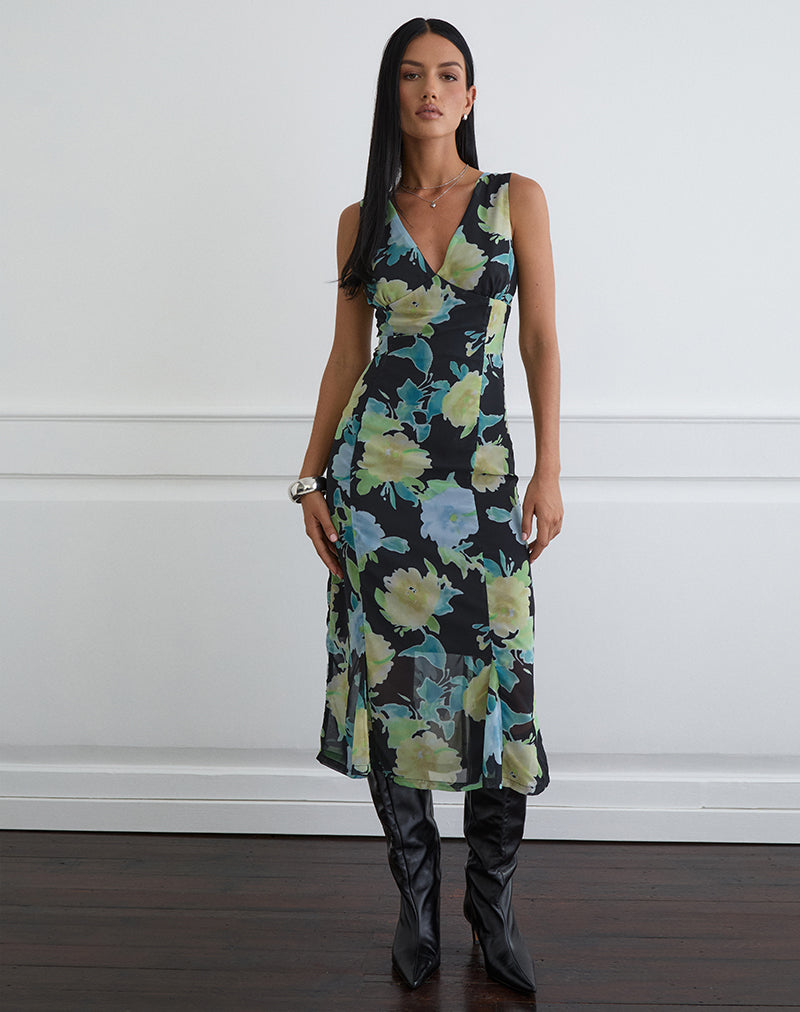Olydia Midi Dress in Black Chiffon with Crystal Flower Print , V Neck