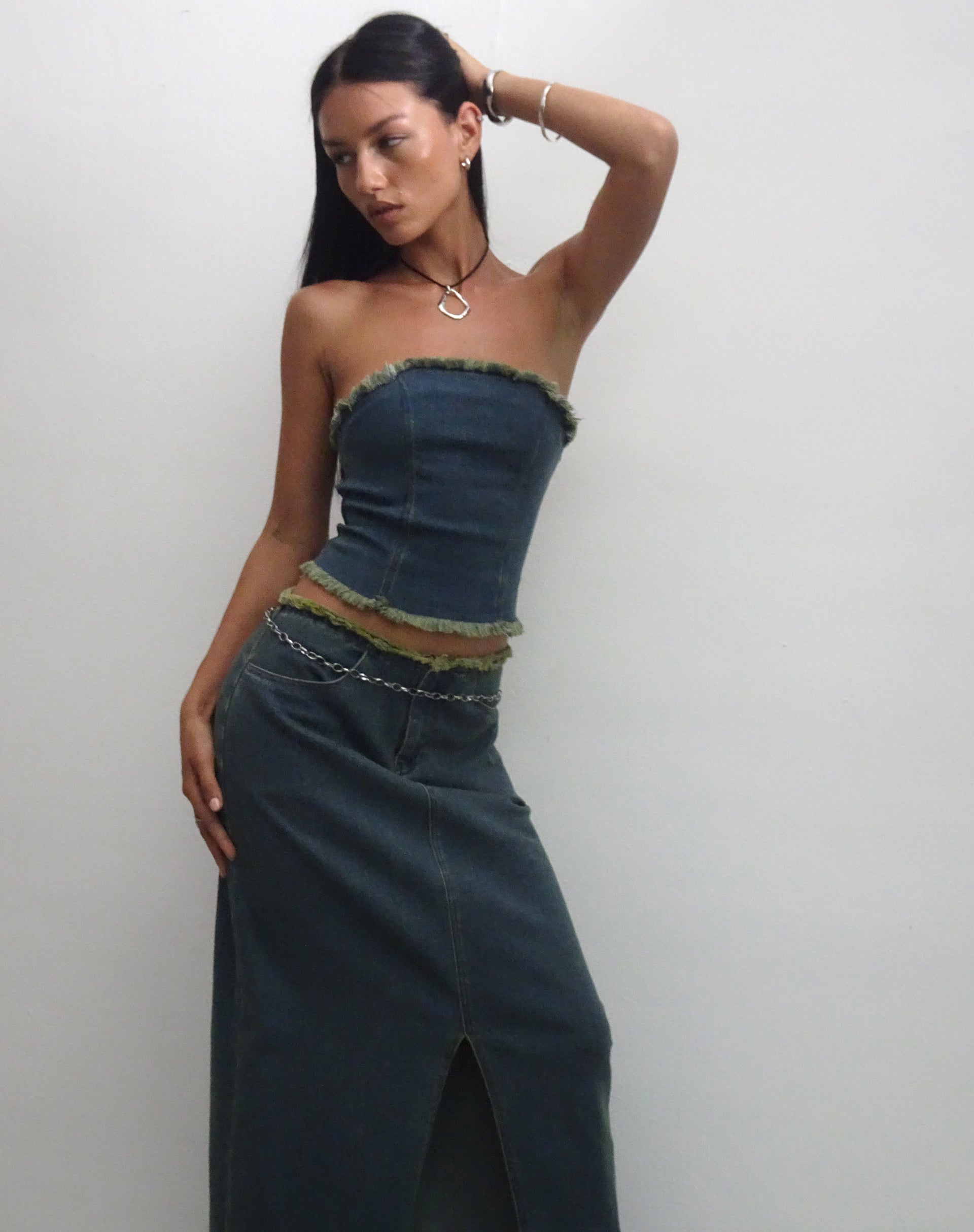 Image of Omas Denim Bandeau Top in Brown Blue Acid Wash