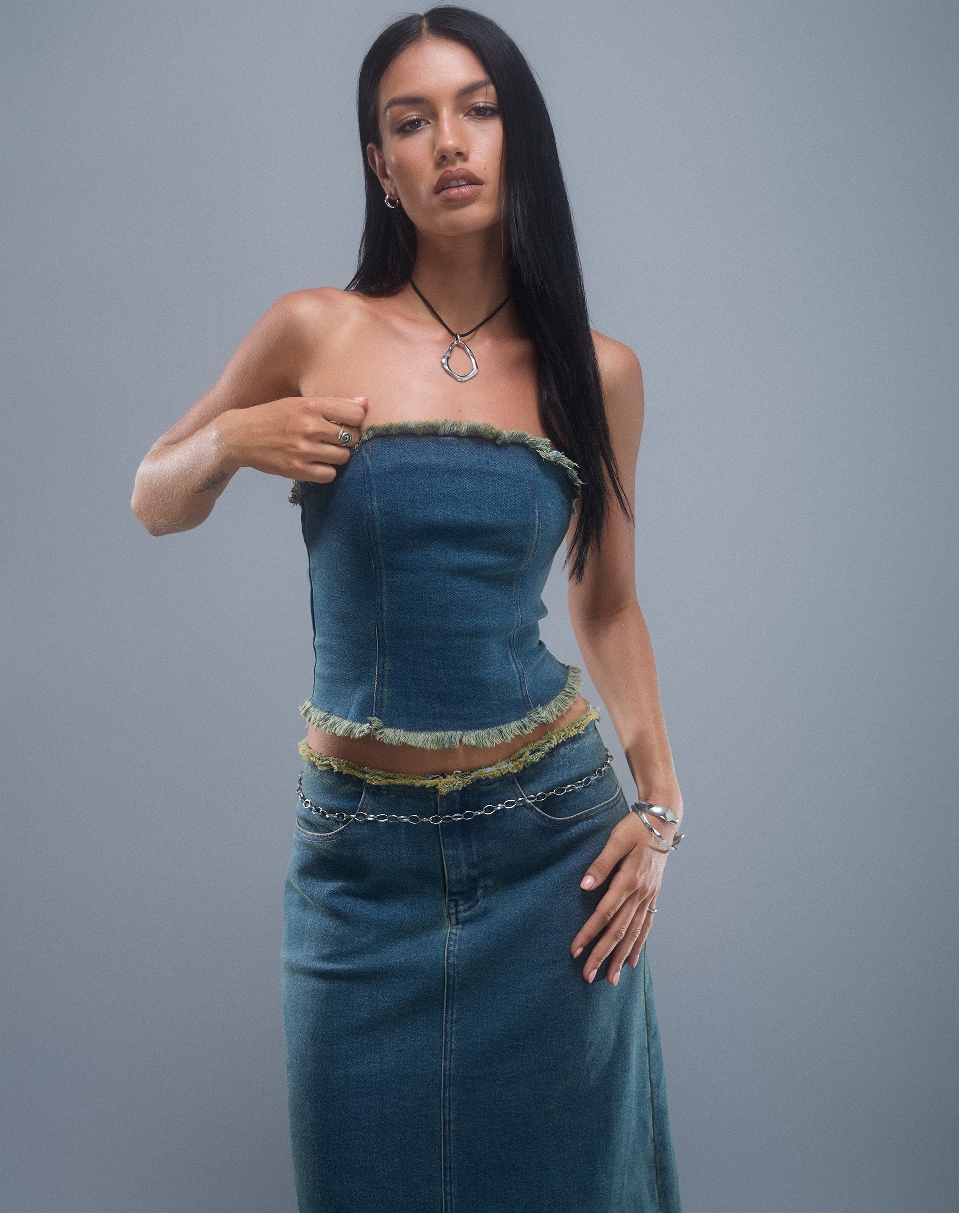 Image of Omas Denim Bandeau Top in Brown Blue Acid Wash