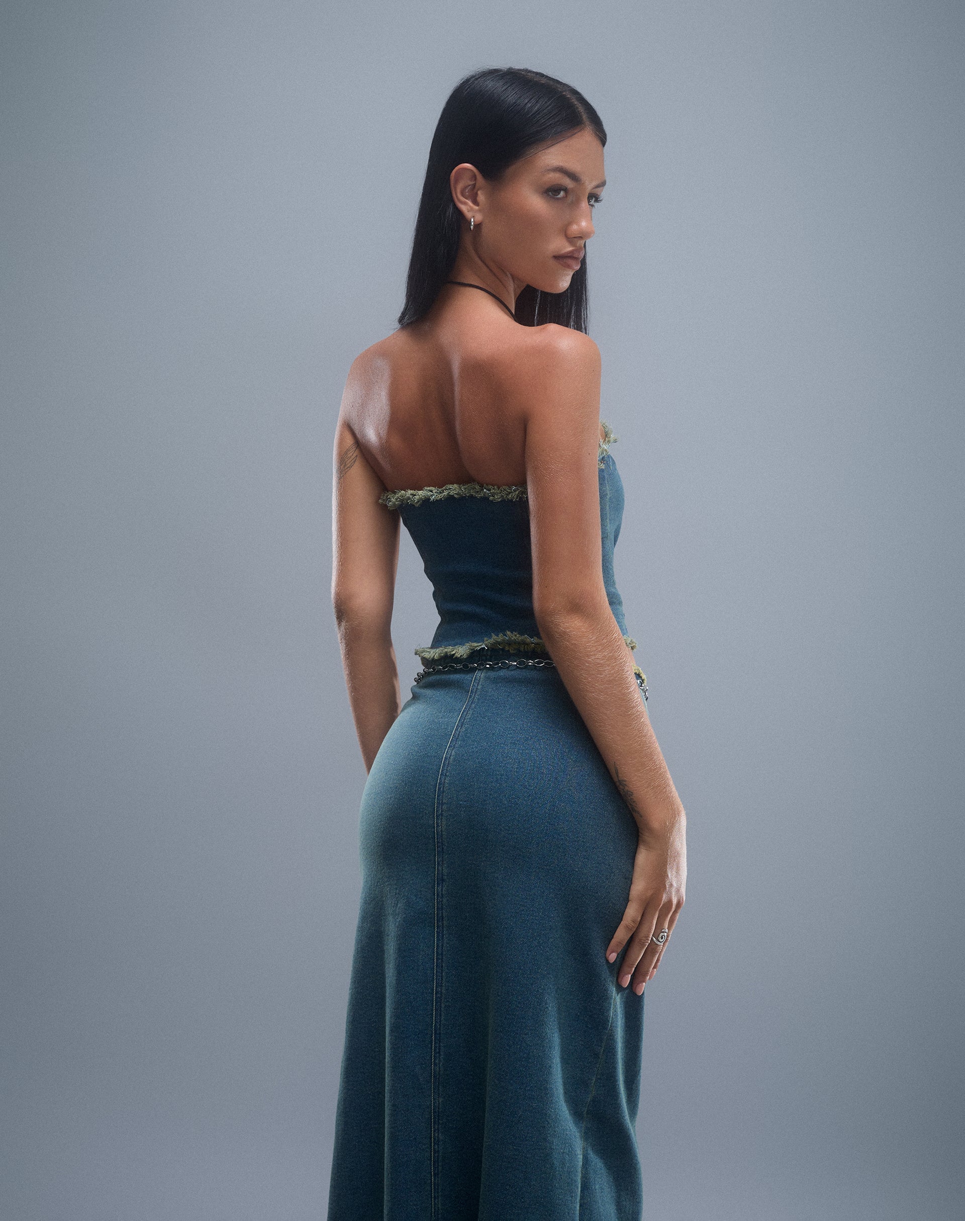 Image of Omas Denim Bandeau Top in Brown Blue Acid Wash