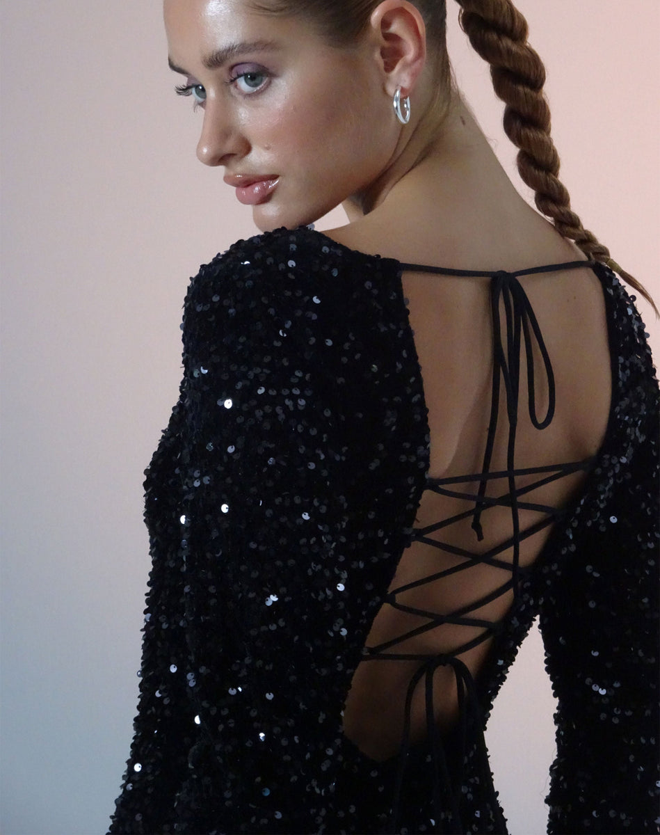 Sequin Black Long Sleeve Mini Dress | Onaki – motelrocks-com-us