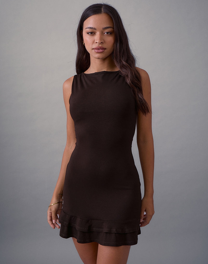 Opaline Backless Mini Dress in Chocolate Brown , Frill Opaline Backless Mini Dress in Chocolate Brown , Frill