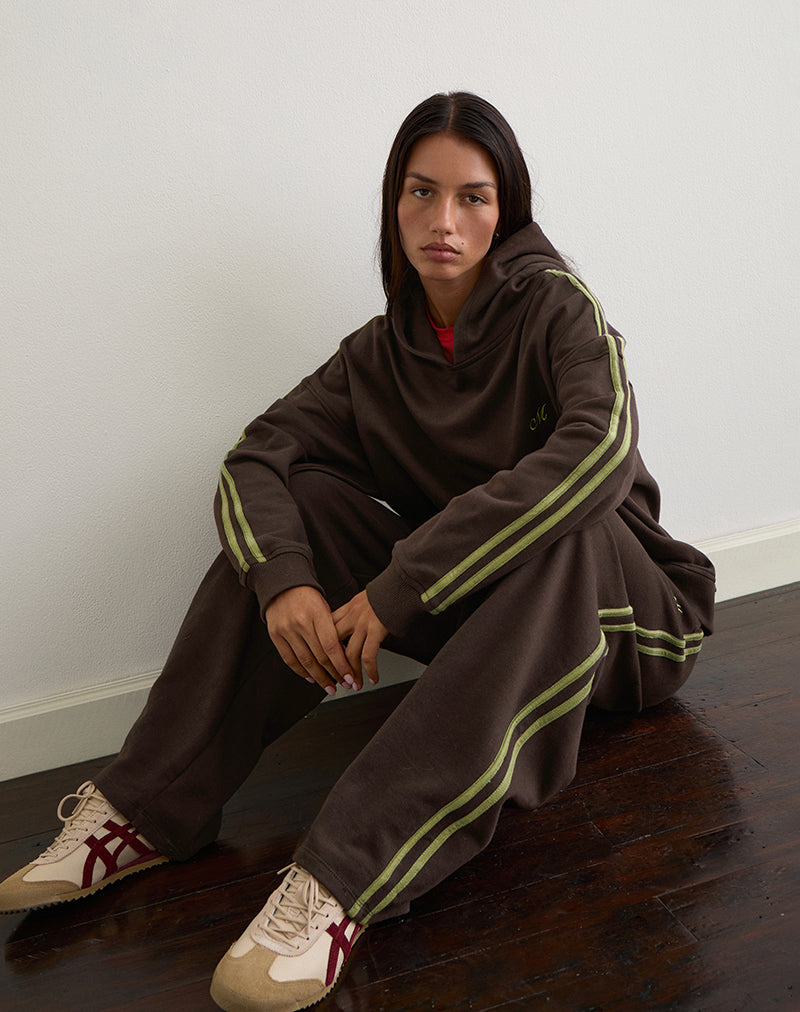 Oze Trackpant in Bitter Chocolate with Green Binding and M Embroidery