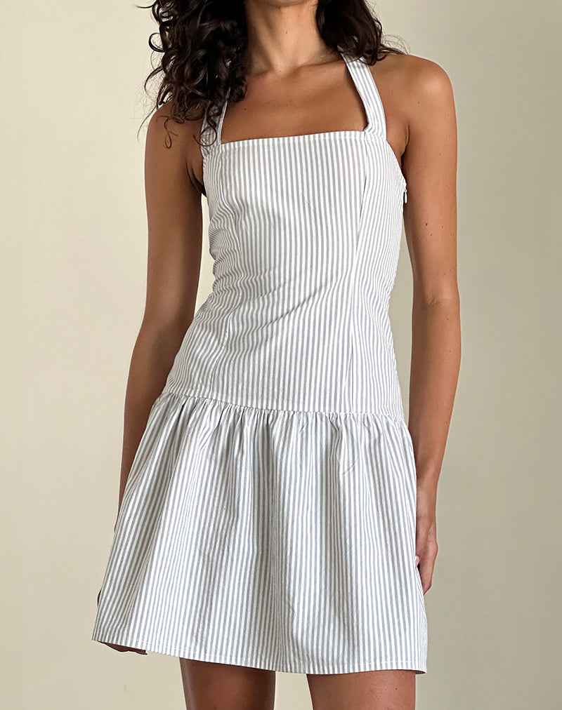 Panja Mini Halter Dress in Small Stripe Vertical Grey, S