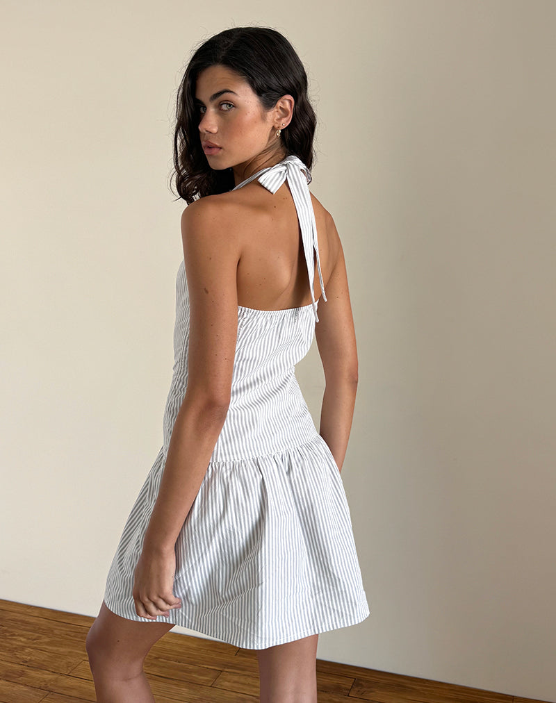 Panja Mini Halter Dress in Small Stripe Vertical Grey , Halter Neck Panja Mini Halter Dress in Small Stripe Vertical Grey , Halter Neck