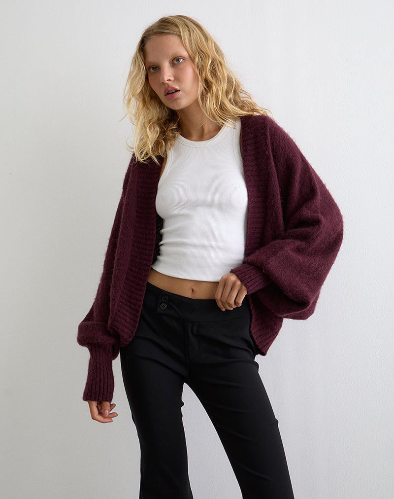 Dark Cherry Red Brush Knit Slouchy Cardigan | Pasha – motelrocks
