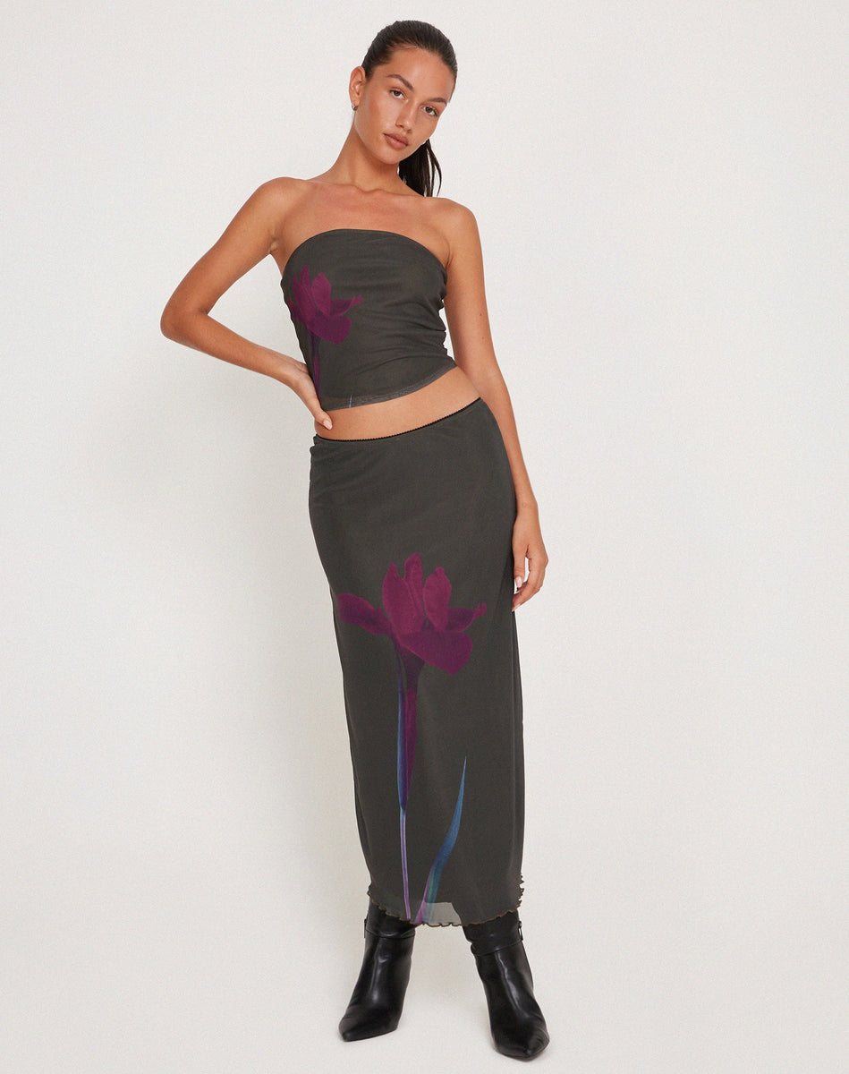 Green with Purple Flower Print Maxi Skirt | Lassie – motelrocks-com-us