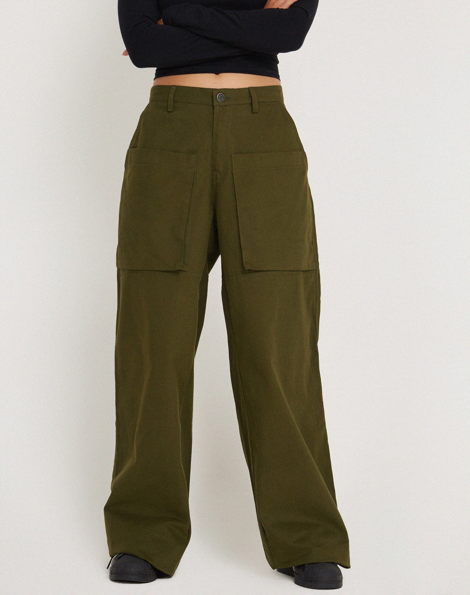 Dark Olive Wide Leg Cargo Trouser | Phalia – motelrocks-com-us