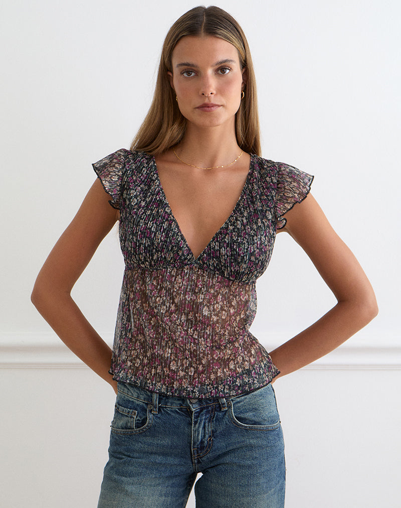 Grey Ditsy Floral Plisse Deep V Neck Top with Frill Sleeves