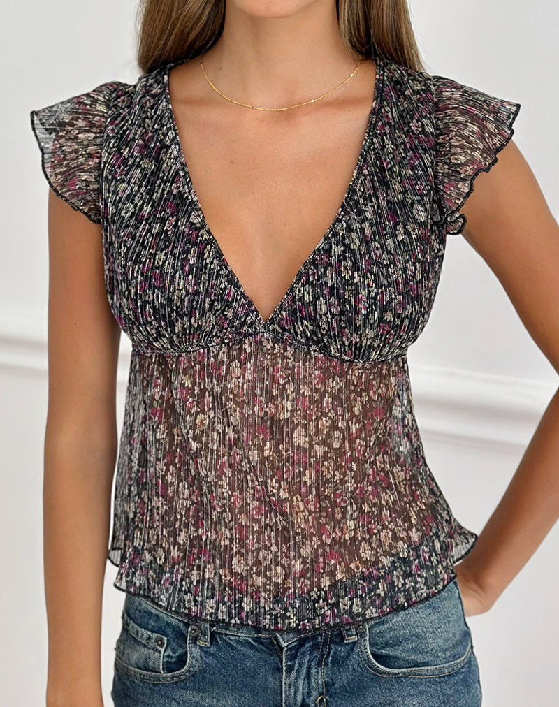 Grey Ditsy Floral Plisse Deep V Neck Top with Frill Sleeves