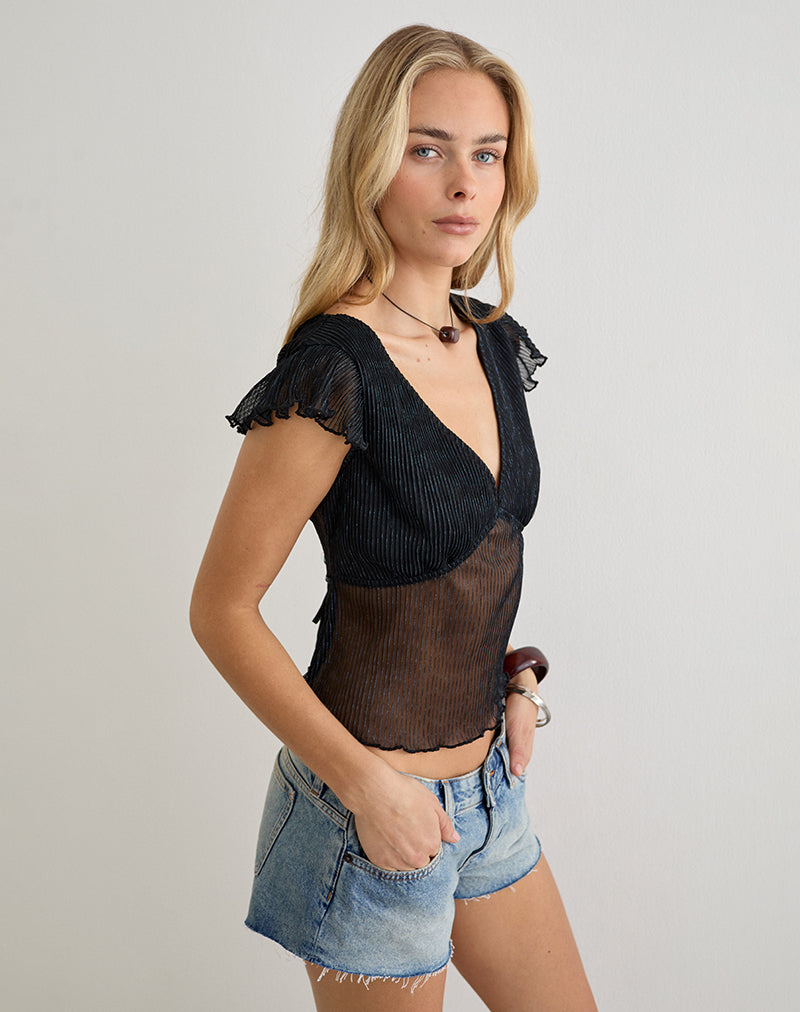 Black Plisse Deep V Neck Top with Frill Sleeves | Pharita
