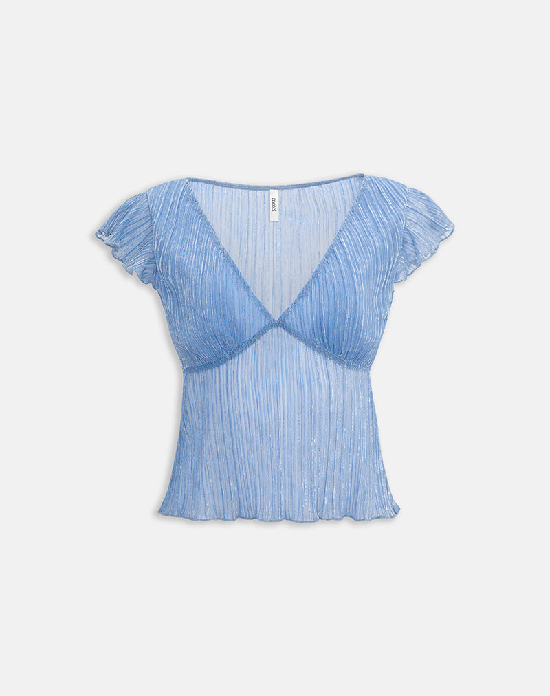 Blue Plisse Deep V Neck Top with Frill Sleeves | Pharita