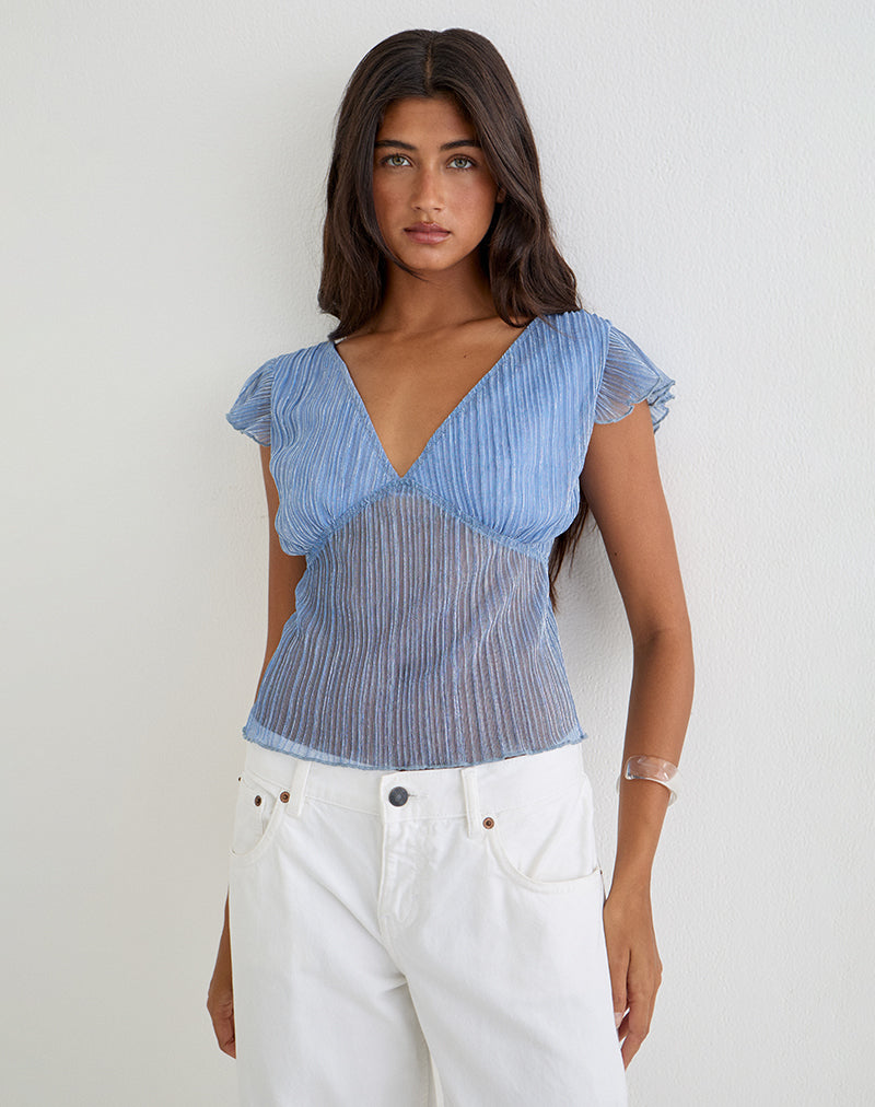 Blue Plisse Deep V Neck Top with Frill Sleeves | Pharita