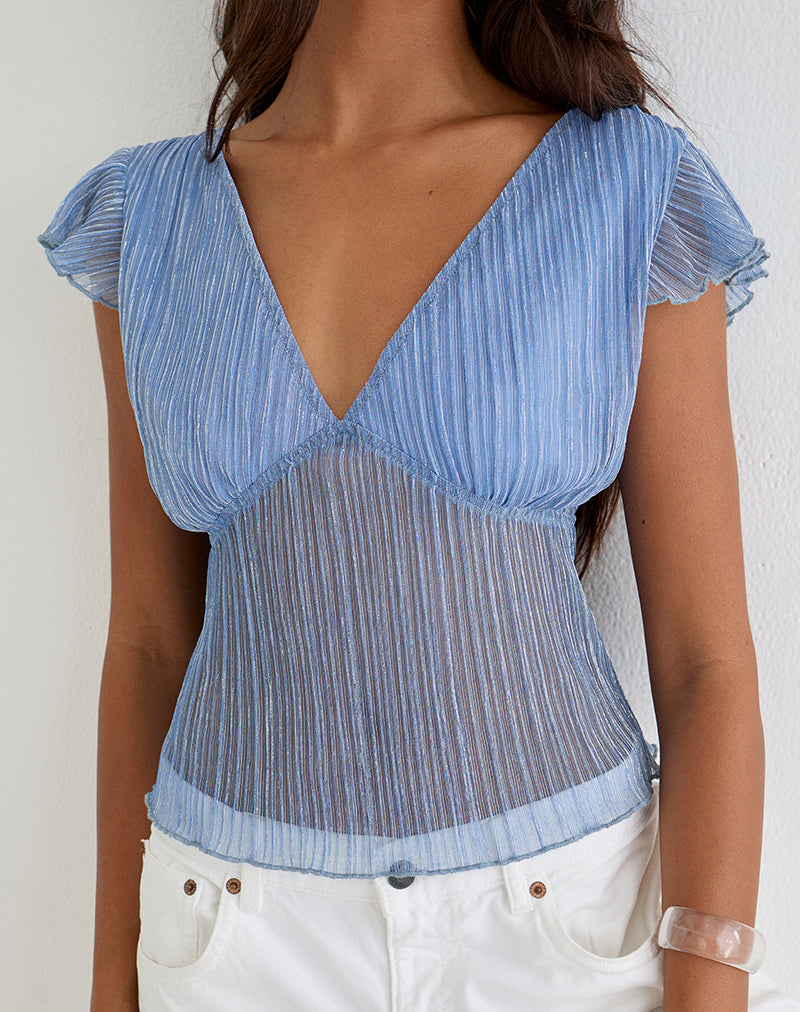 Blue Plisse Deep V Neck Top with Frill Sleeves | Pharita
