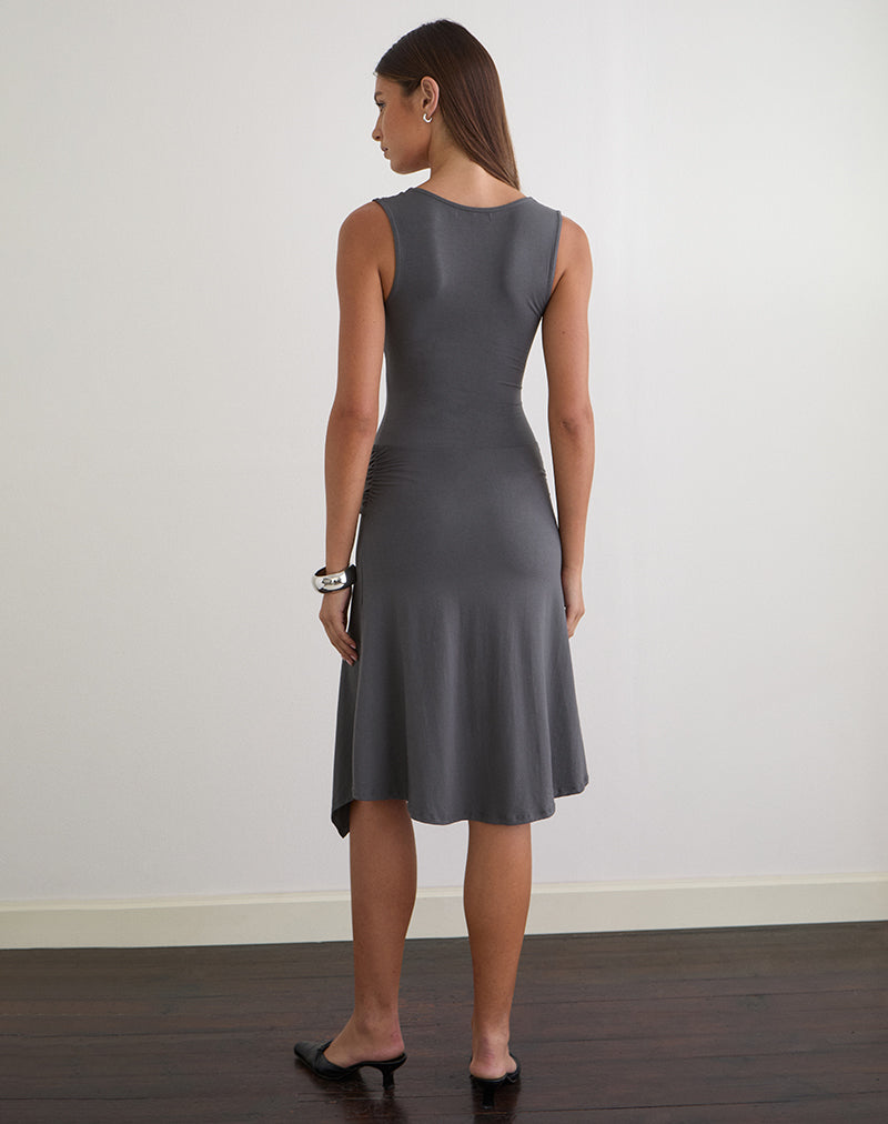 charcoal midi dress Philipa Asymmetric Midi Dress in Jersey Charcoal Grey , Plunge Neckline