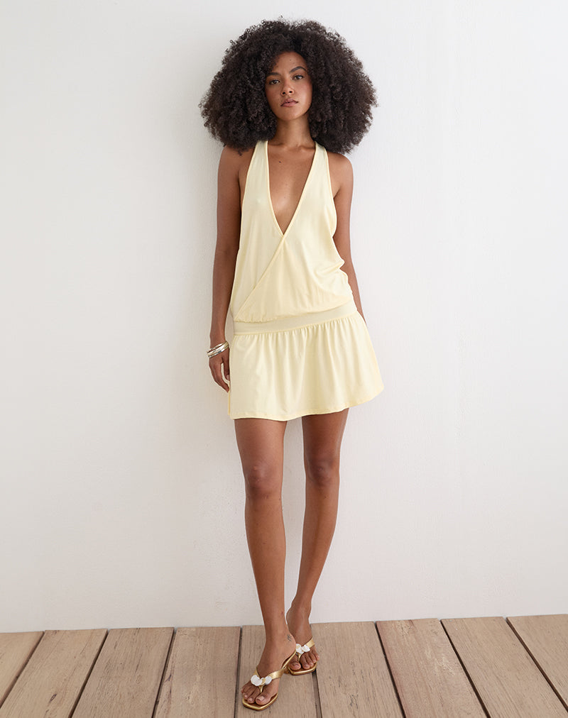 open lace back dress Aspena Plunge Halter Mini Dress Light Blue
