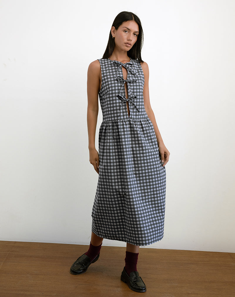 Black Grey Gingham Sleeveless Midi Dress with Bow Fastening