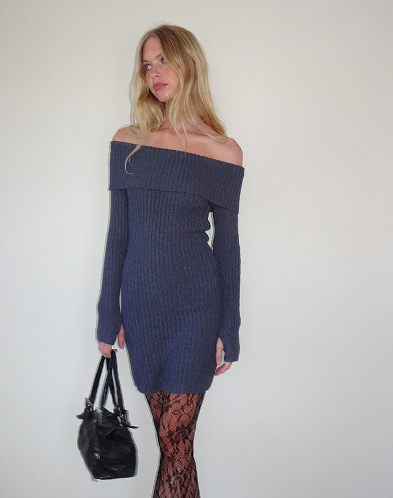 Queeva Knitted Bardot Mini Dress in Dark Charcoal , Long Sleeve Queeva Knitted Bardot Mini Dress in Dark Charcoal , Long Sleeve